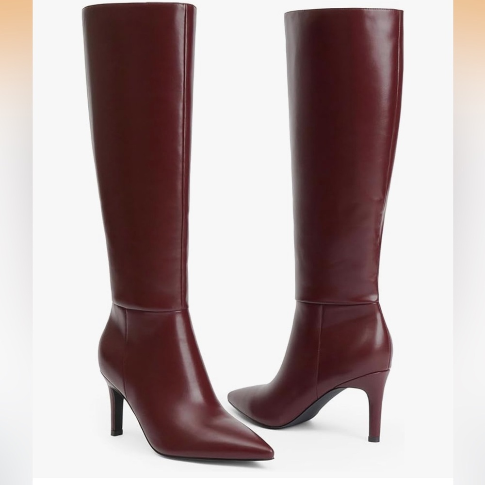 Burgundy maroon dark red wine knee high faux leather womens boots - Picture 10 of 14